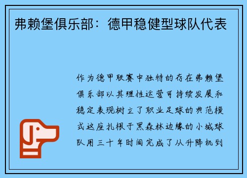 弗赖堡俱乐部：德甲稳健型球队代表
